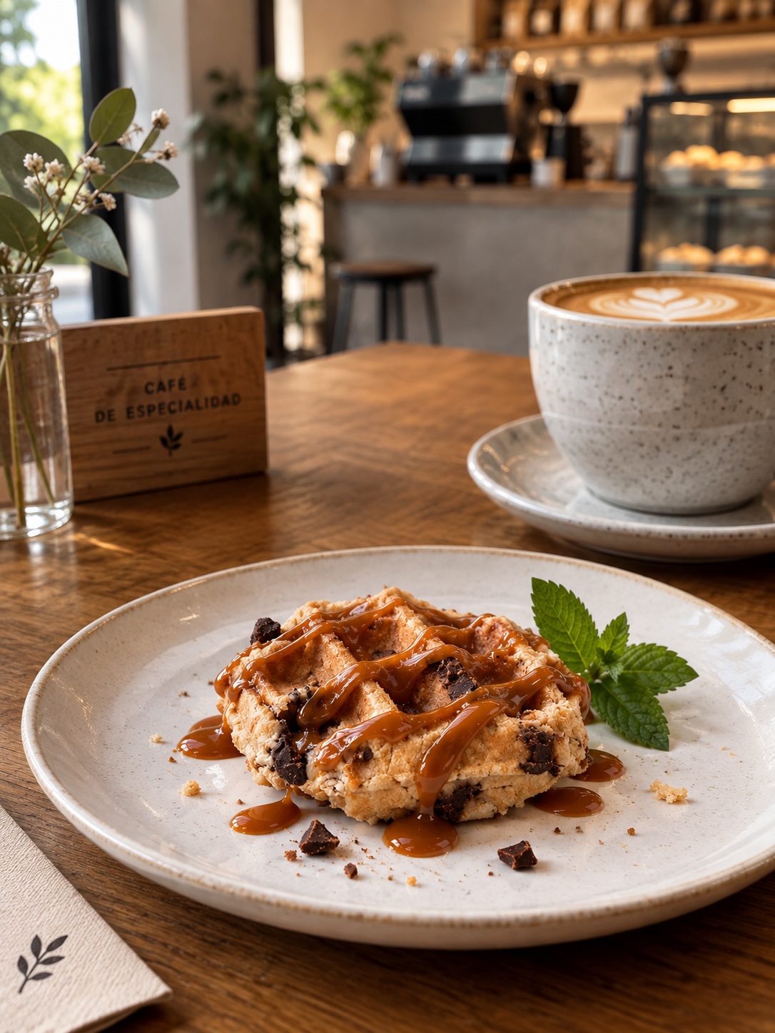 Waffle emplatado con chocolate y banana